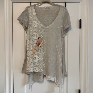 Johnny Was Gray Lace-Trim V-Neck Top with Embroidered Bird
